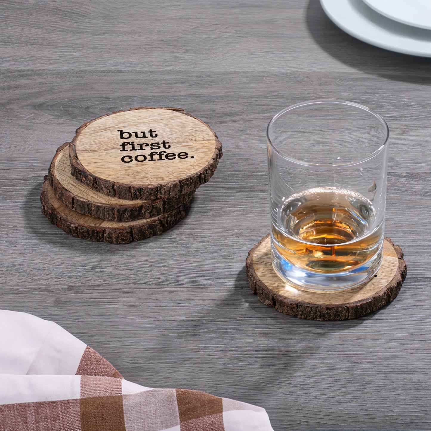 Thirstystone But First Coffee 4-Pack Mango Wood Coasters with Bark Edges 4.5" Round Manufactured in The USA