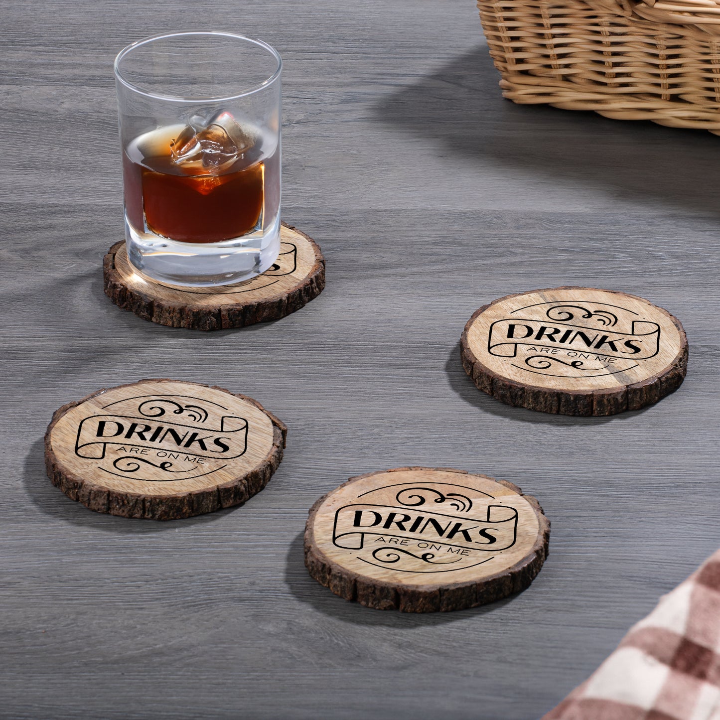 Thirstystone Drinks On Me 4-Pack Mango Wood Coasters with Bark Edges 4.5" Round Manufactured in The USA