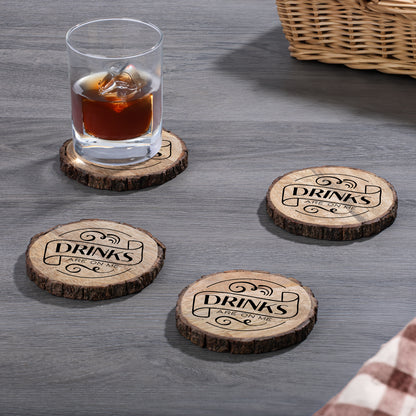 Thirstystone Drinks On Me 4-Pack Mango Wood Coasters with Bark Edges 4.5" Round Manufactured in The USA