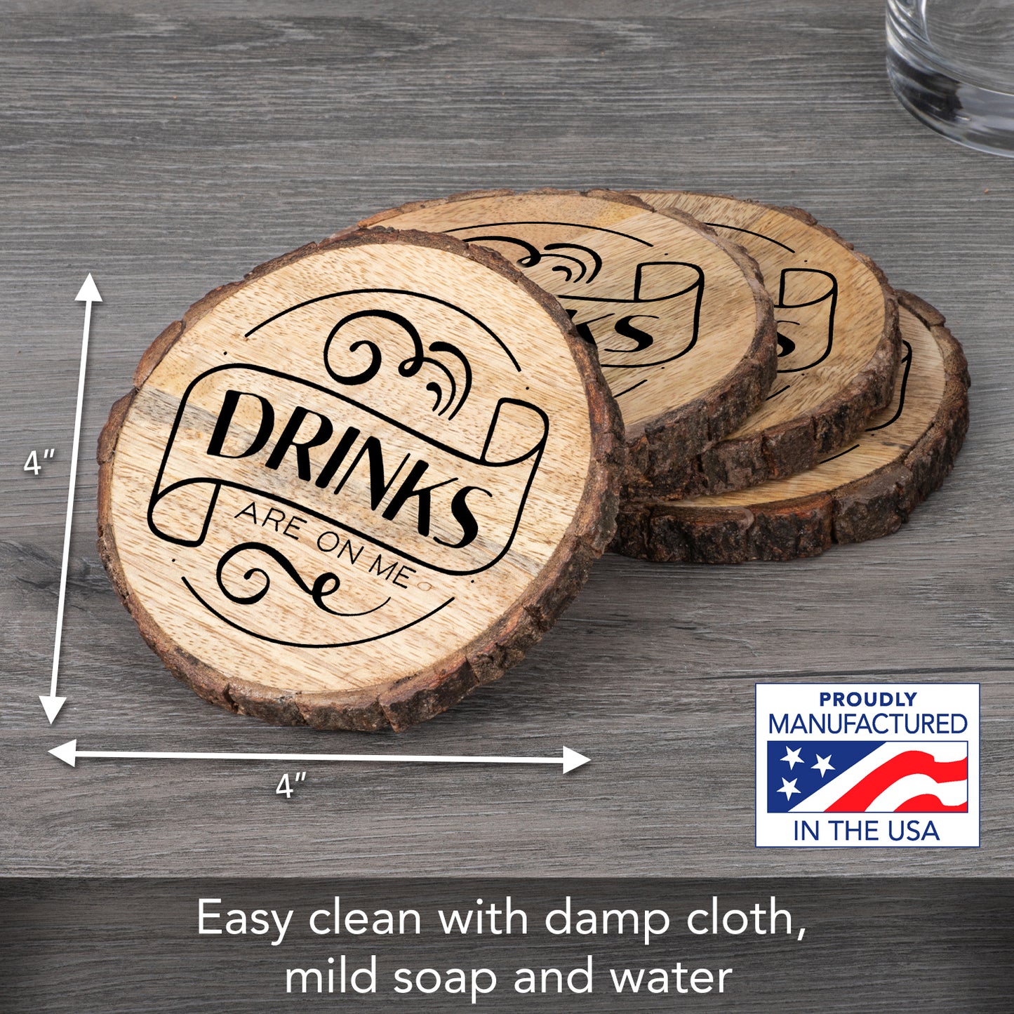 Thirstystone Drinks On Me 4-Pack Mango Wood Coasters with Bark Edges 4.5" Round Manufactured in The USA