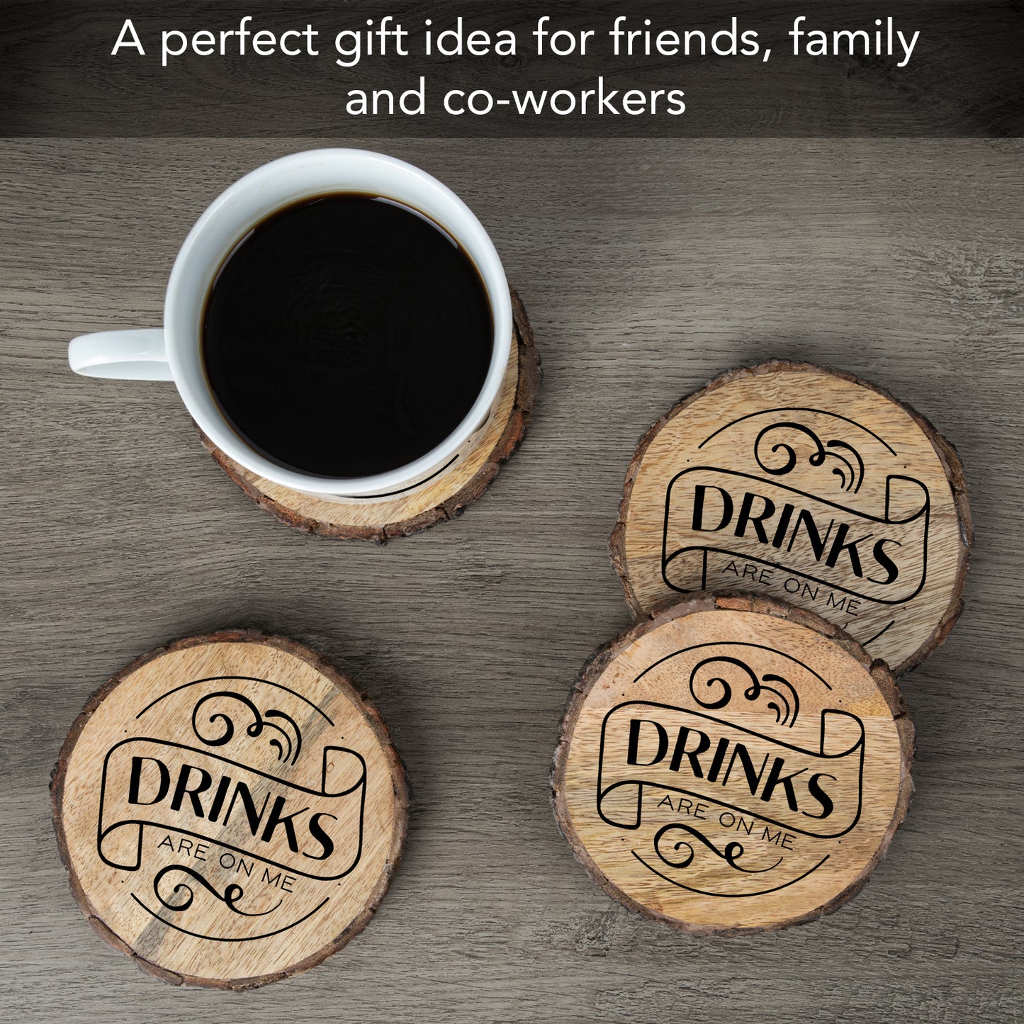 Thirstystone Drinks On Me 4-Pack Mango Wood Coasters with Bark Edges 4.5" Round Manufactured in The USA