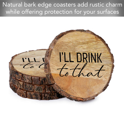 Thirstystone I'll Drink to That 4-Pack Mango Wood Coasters with Bark Edges 4.5" Round Manufactured in The USA