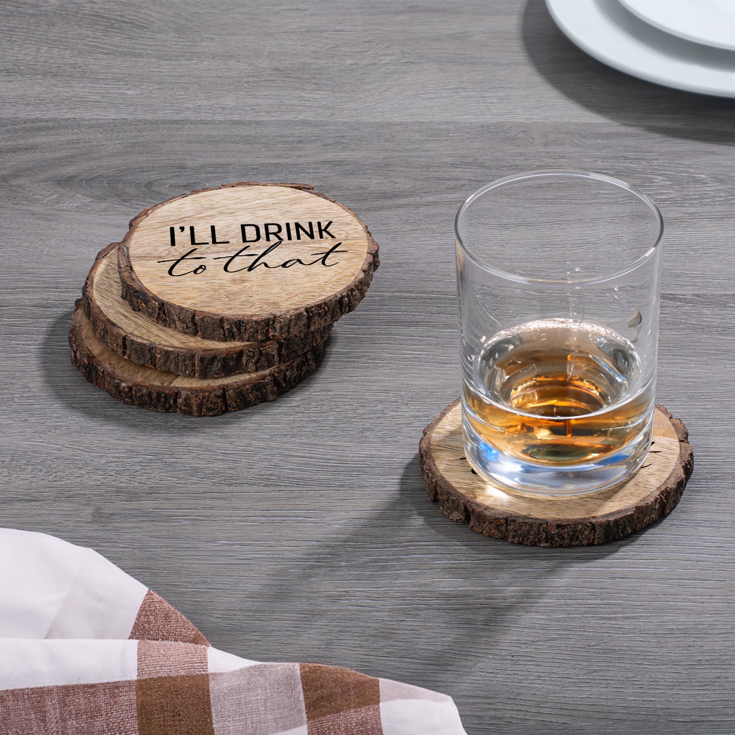 Thirstystone I'll Drink to That 4-Pack Mango Wood Coasters with Bark Edges 4.5" Round Manufactured in The USA