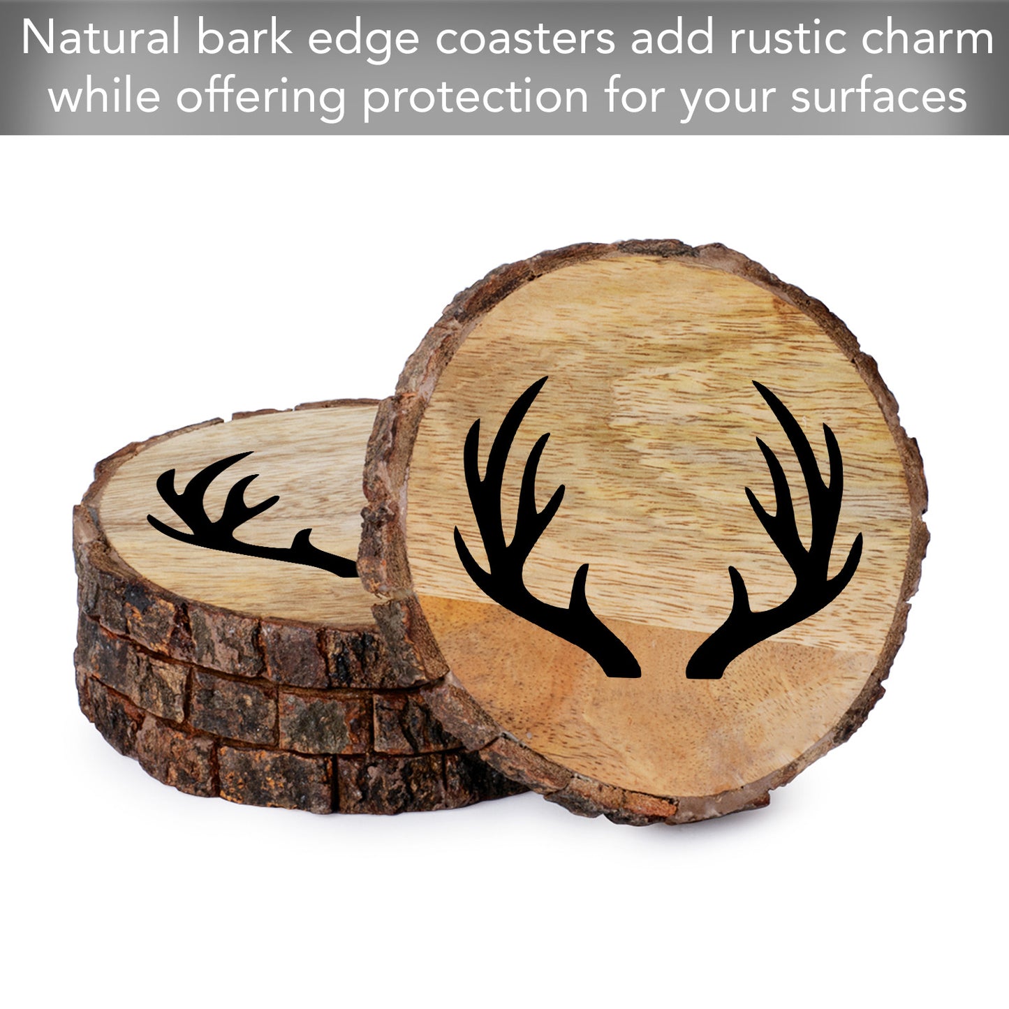 Thirstystone Deer Antlers 4-Pack Mango Wood Coasters with Bark Edges 4.5" Round Manufactured in The USA