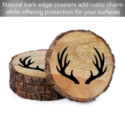 Thirstystone Deer Antlers 4-Pack Mango Wood Coasters with Bark Edges 4.5" Round Manufactured in The USA