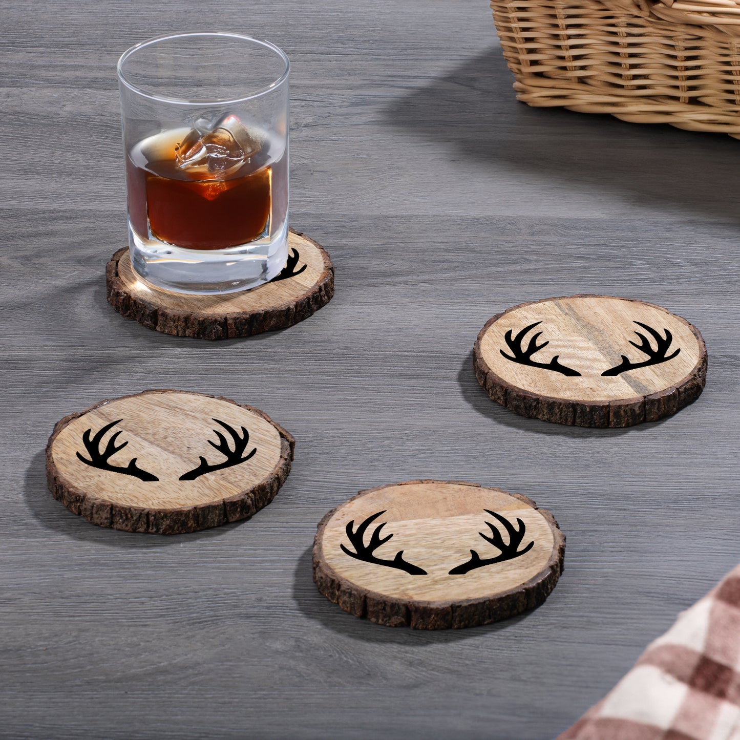 Thirstystone Deer Antlers 4-Pack Mango Wood Coasters with Bark Edges 4.5" Round Manufactured in The USA