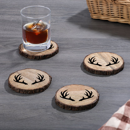 Thirstystone Deer Antlers 4-Pack Mango Wood Coasters with Bark Edges 4.5" Round Manufactured in The USA