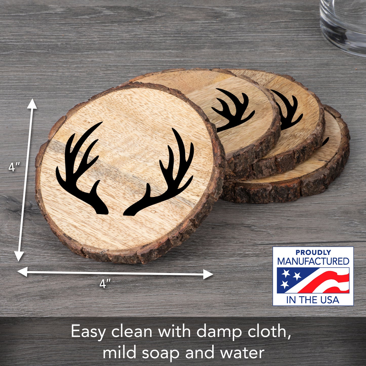 Thirstystone Deer Antlers 4-Pack Mango Wood Coasters with Bark Edges 4.5" Round Manufactured in The USA