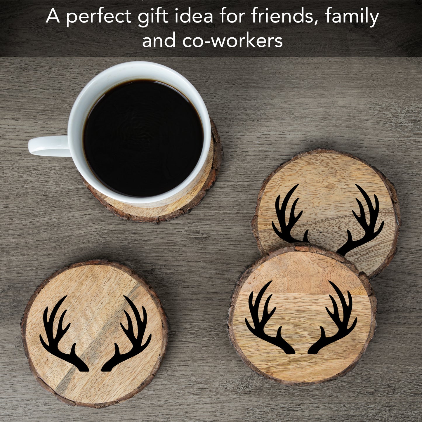 Thirstystone Deer Antlers 4-Pack Mango Wood Coasters with Bark Edges 4.5" Round Manufactured in The USA