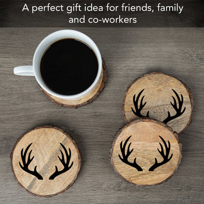 Thirstystone Deer Antlers 4-Pack Mango Wood Coasters with Bark Edges 4.5" Round Manufactured in The USA