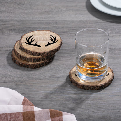 Thirstystone Deer Antlers 4-Pack Mango Wood Coasters with Bark Edges 4.5" Round Manufactured in The USA