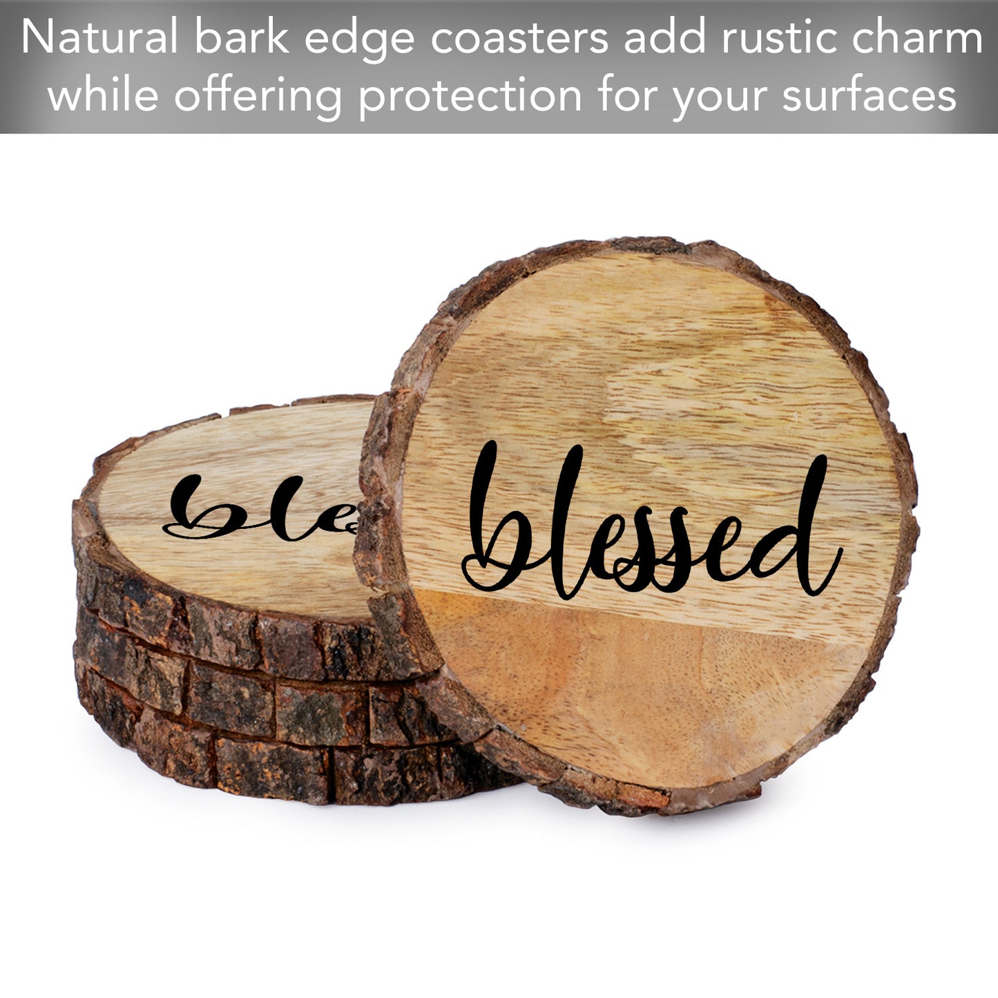Thirstystone Blessed 4-Pack Mango Wood Coasters with Bark Edges 4.5" Round Manufactured in The USA