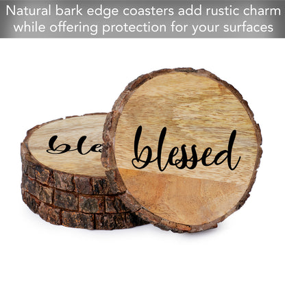 Thirstystone Blessed 4-Pack Mango Wood Coasters with Bark Edges 4.5" Round Manufactured in The USA