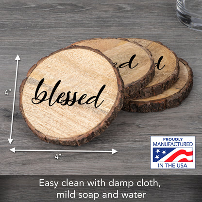 Thirstystone Blessed 4-Pack Mango Wood Coasters with Bark Edges 4.5" Round Manufactured in The USA