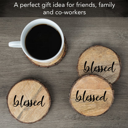 Thirstystone Blessed 4-Pack Mango Wood Coasters with Bark Edges 4.5" Round Manufactured in The USA