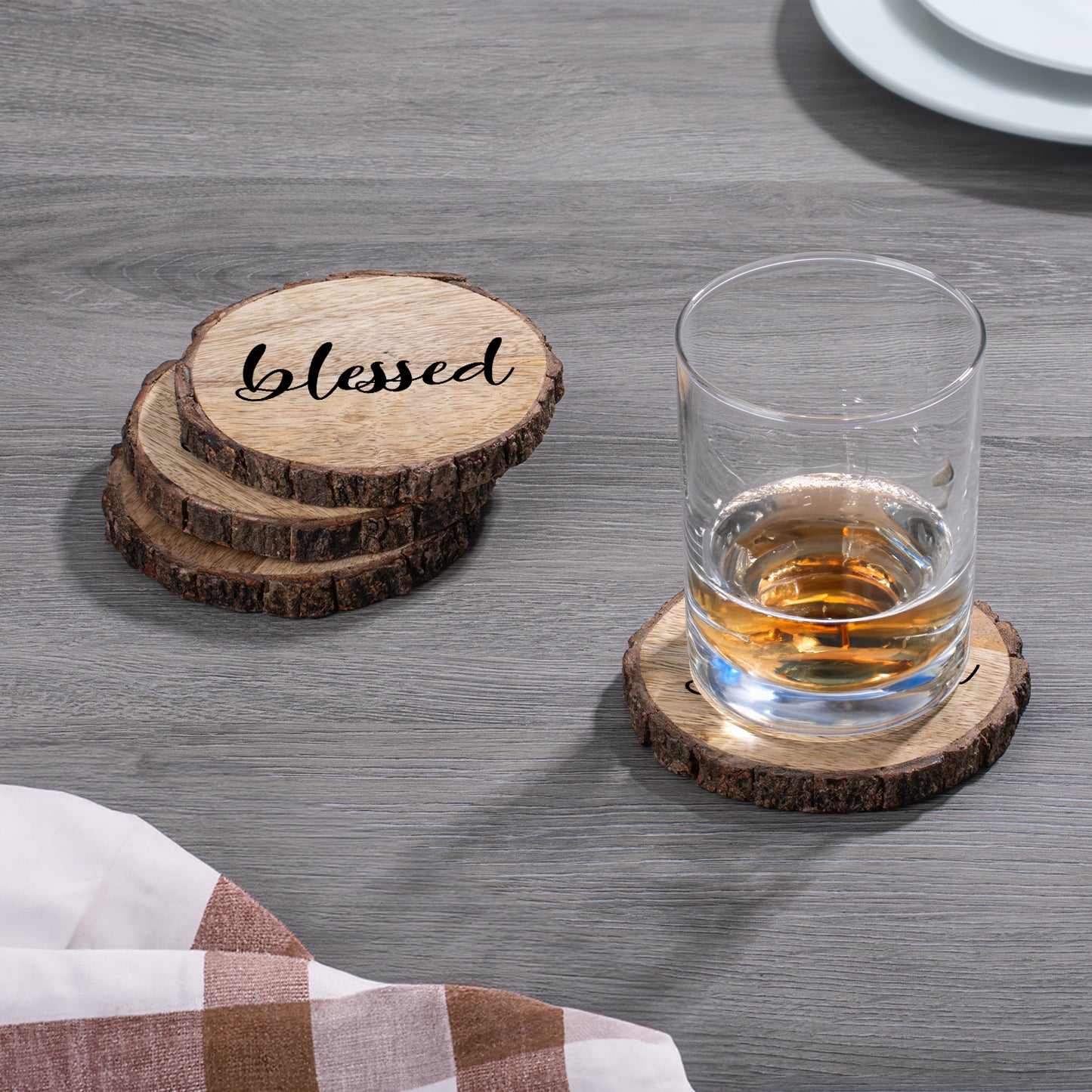 Thirstystone Blessed 4-Pack Mango Wood Coasters with Bark Edges 4.5" Round Manufactured in The USA