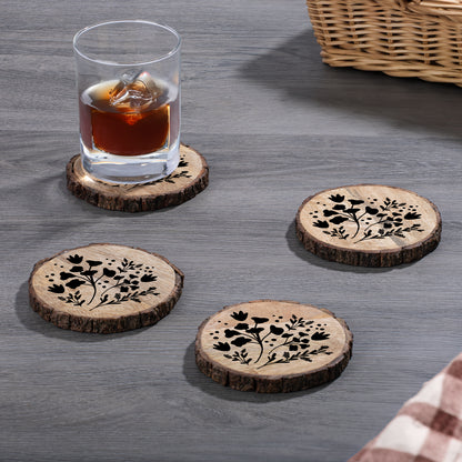 Thirstystone Black Flowers 4-Pack Mango Wood Coasters with Bark Edges 4.5" Round Manufactured in The USA