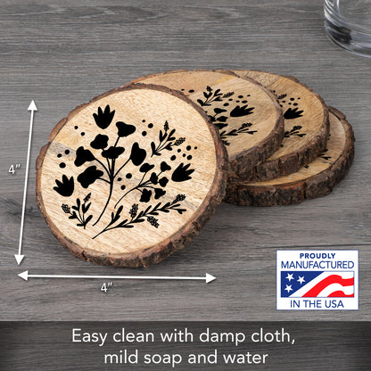 Thirstystone Black Flowers 4-Pack Mango Wood Coasters with Bark Edges 4.5" Round Manufactured in The USA