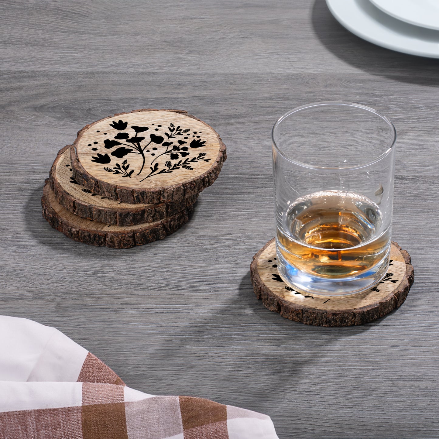 Thirstystone Black Flowers 4-Pack Mango Wood Coasters with Bark Edges 4.5" Round Manufactured in The USA