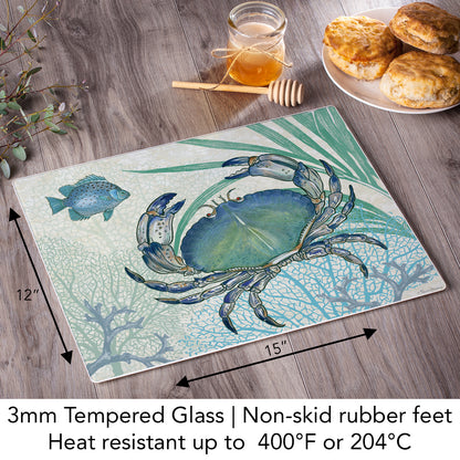 CounterArt Oceana Crab 3mm Tempered Glass Cutting Board 15” x 12” Manufactured in the USA