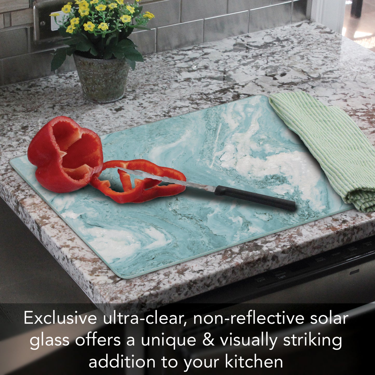 CounterArt Teal Quartz Design 3mm Tempered Glass Cutting Board 15” x 12” Manufactured in the USA