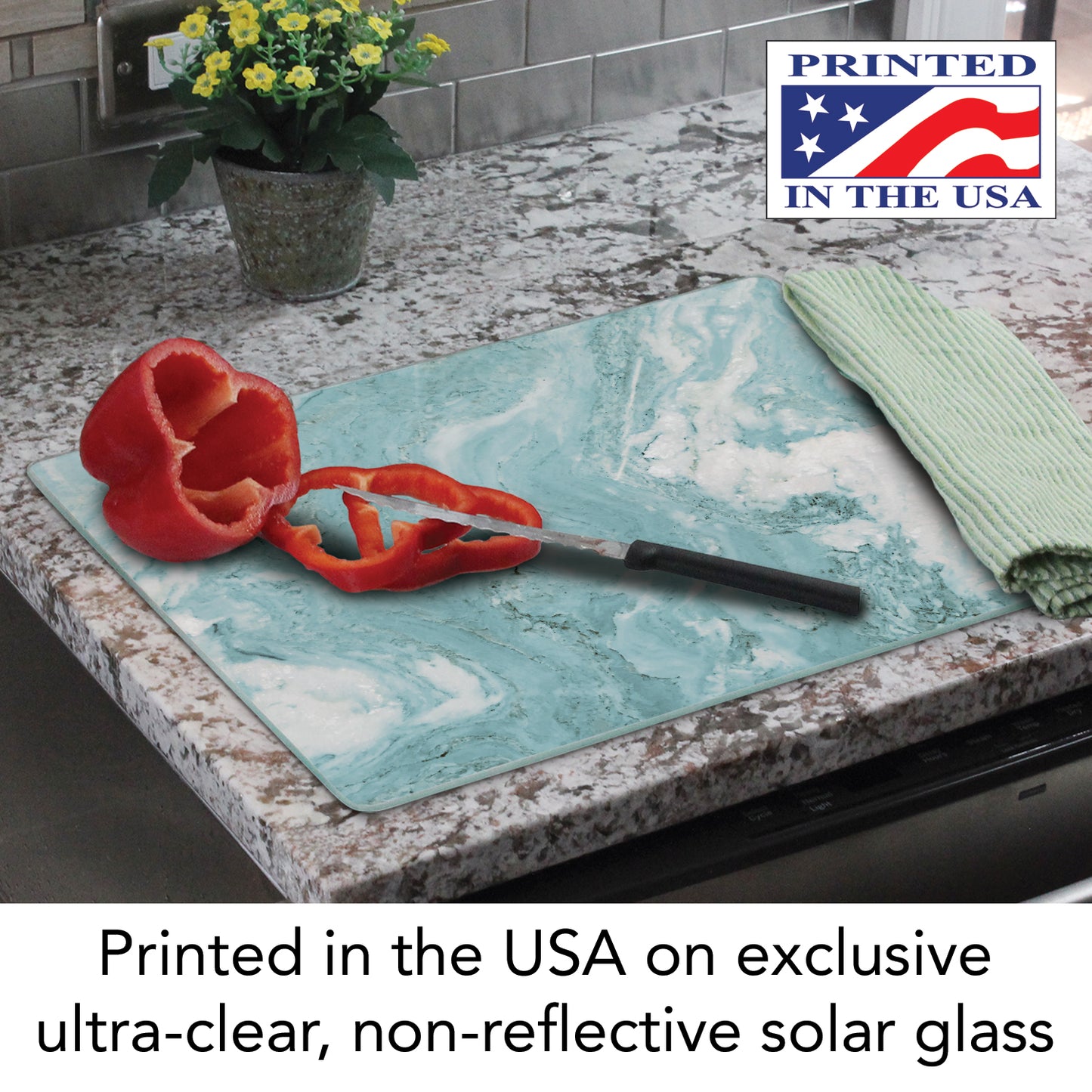 CounterArt Teal Quartz Design 3mm Tempered Glass Cutting Board 15” x 12” Manufactured in the USA