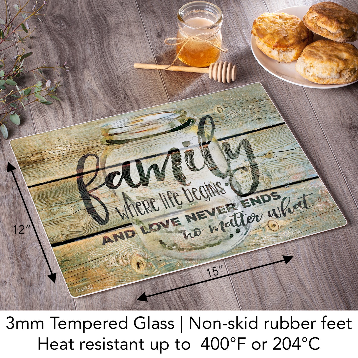 CounterArt Family Time 3mm Tempered Glass Cutting Board 15” x 12” Manufactured in the USA