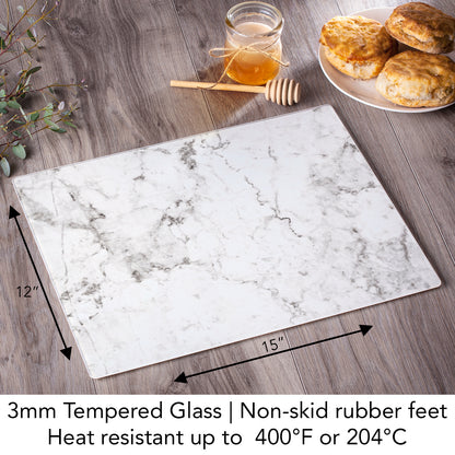 CounterArt White Marble Design 3mm Tempered Glass Cutting Board 15” x 12” Manufactured in the USA