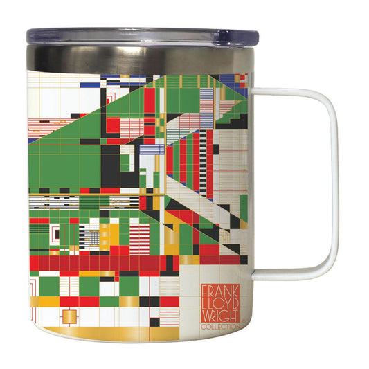 Highland Home Hillside Curtain Design by Frank Lloyd Wright on Stainless Steel Mug with Lid 12 oz. Manufactured in the USA