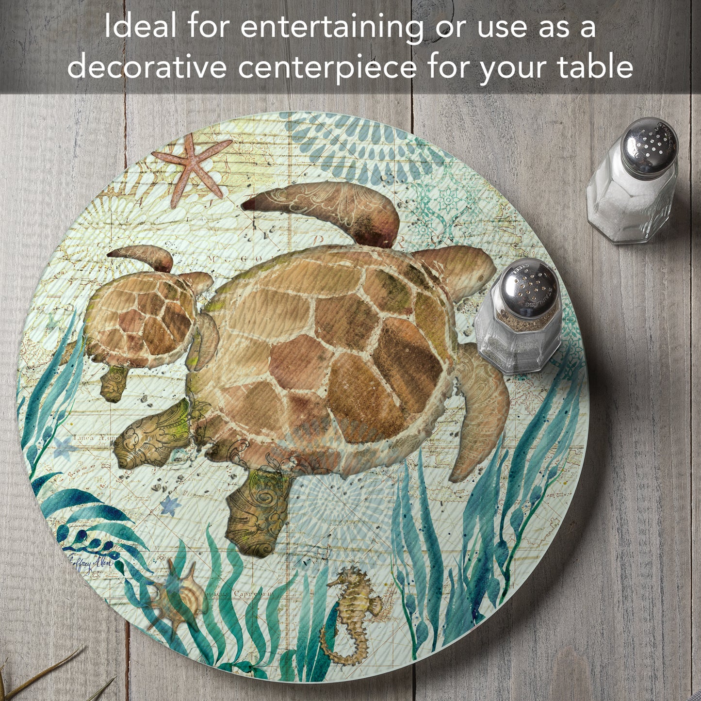 CounterArt Monterey Bay Turtles 4mm Tempered Glass Lazy Susan Turntable 13" Diameter