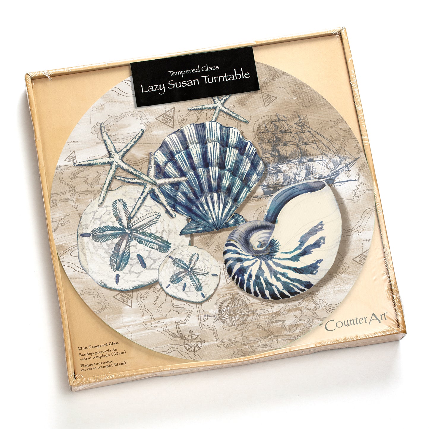 Counterart Tide Pool Shells 4mm Tempered Glass Lazy Susan Turntable 13" Diameter