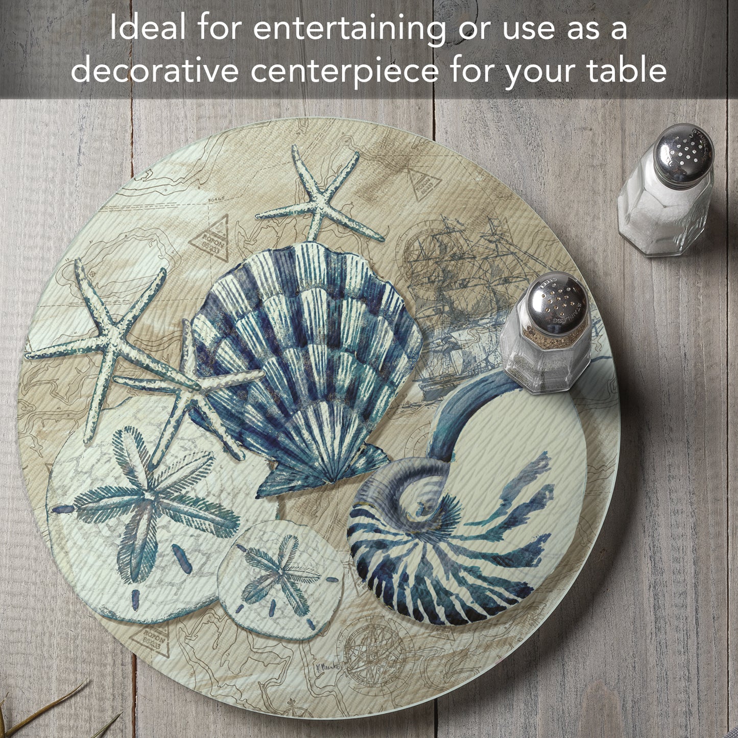 Counterart Tide Pool Shells 4mm Tempered Glass Lazy Susan Turntable 13" Diameter