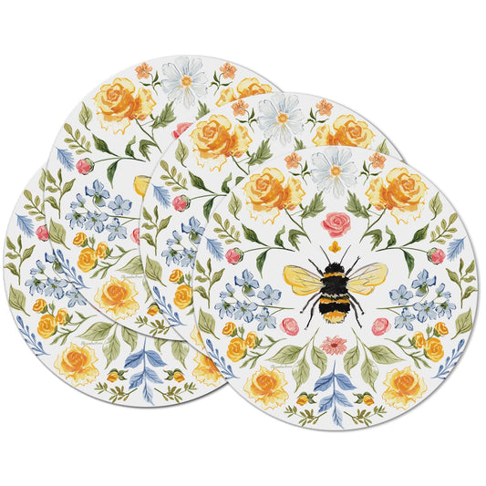 CounterArt Floral Bee 4 Pack Round Reversible Easy Care Flexible Placemats Made in the USA