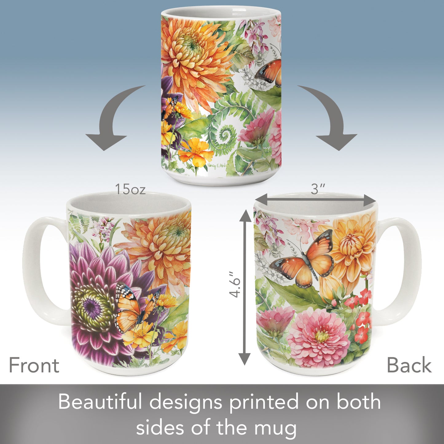 Highland Home Botanica Large Decorative Ceramic Mug 15 oz. Manufactured in the USA