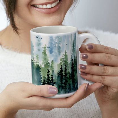 Highland Home Tree Line Large Decorative Ceramic Mug 15 oz. Manufactured in the USA
