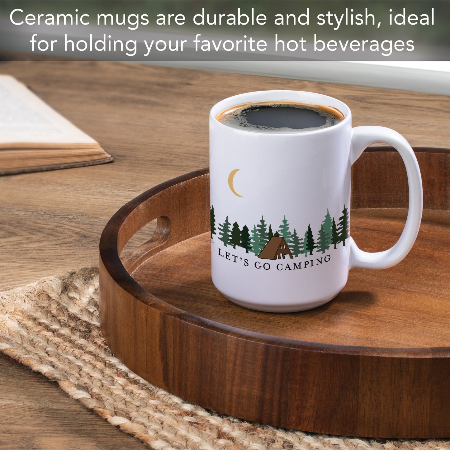 Highland Home Let's Go Camping Large Decorative Ceramic Mug 15 oz. Manufactured in the USA