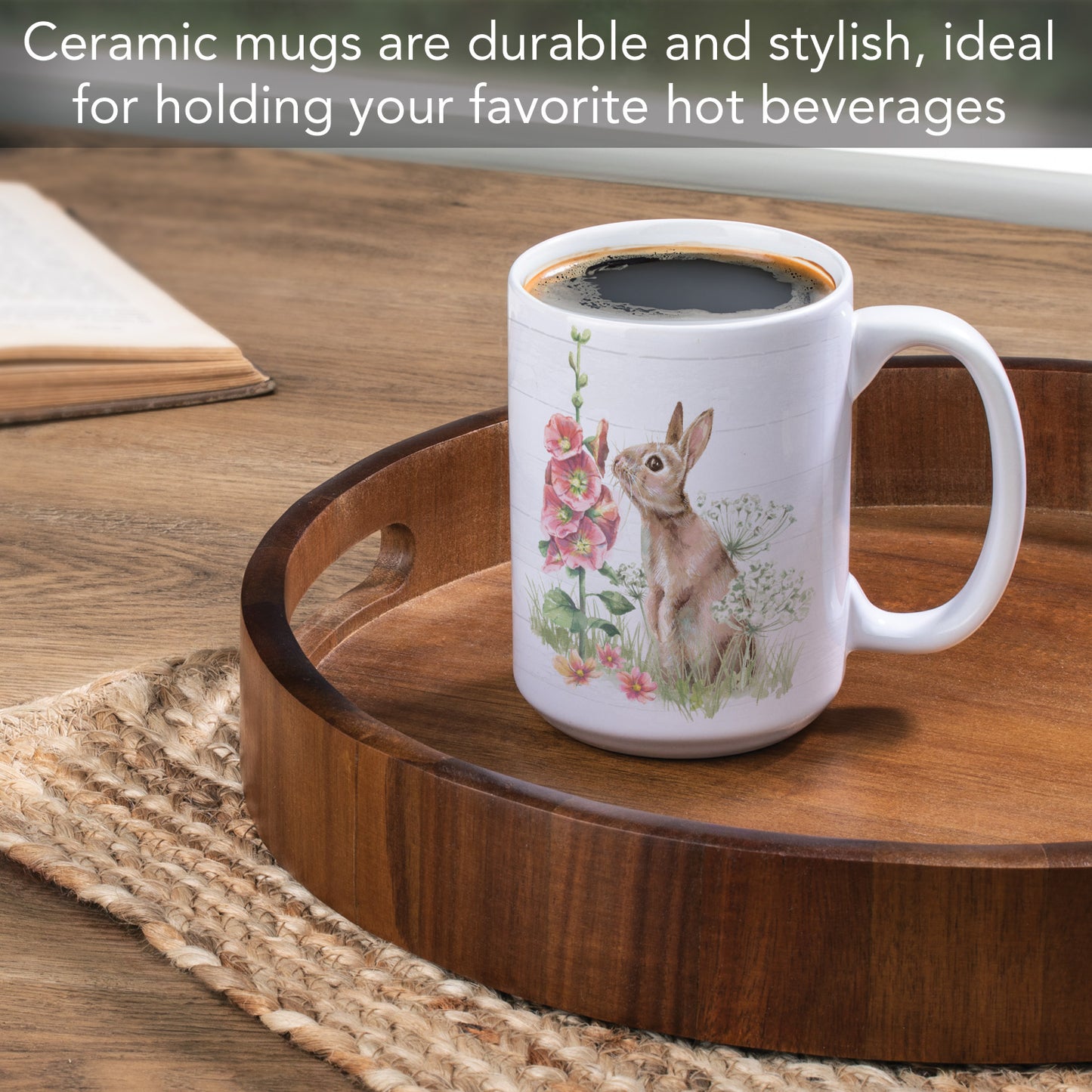 Highland Home Bunny Garden Large Decorative Ceramic Mug 15 oz. Manufactured in the USA
