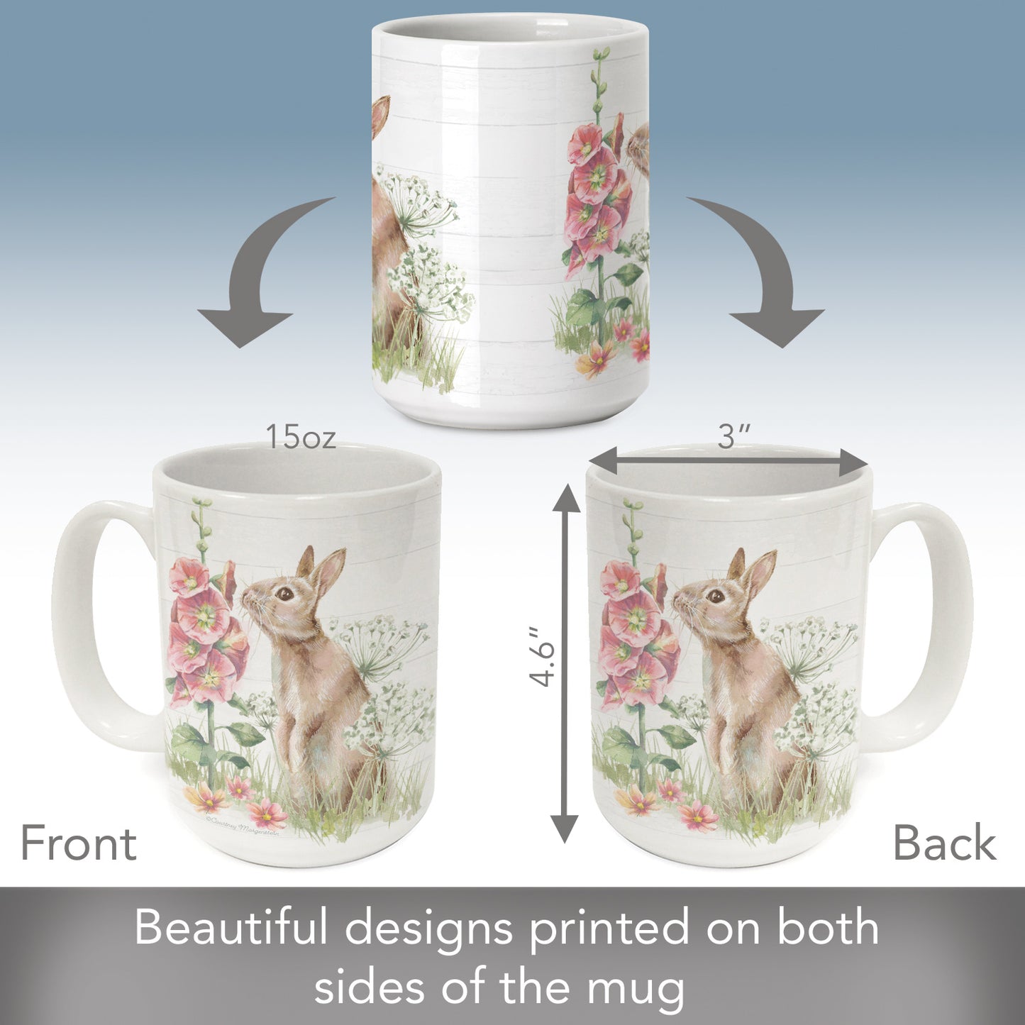 Highland Home Bunny Garden Large Decorative Ceramic Mug 15 oz. Manufactured in the USA
