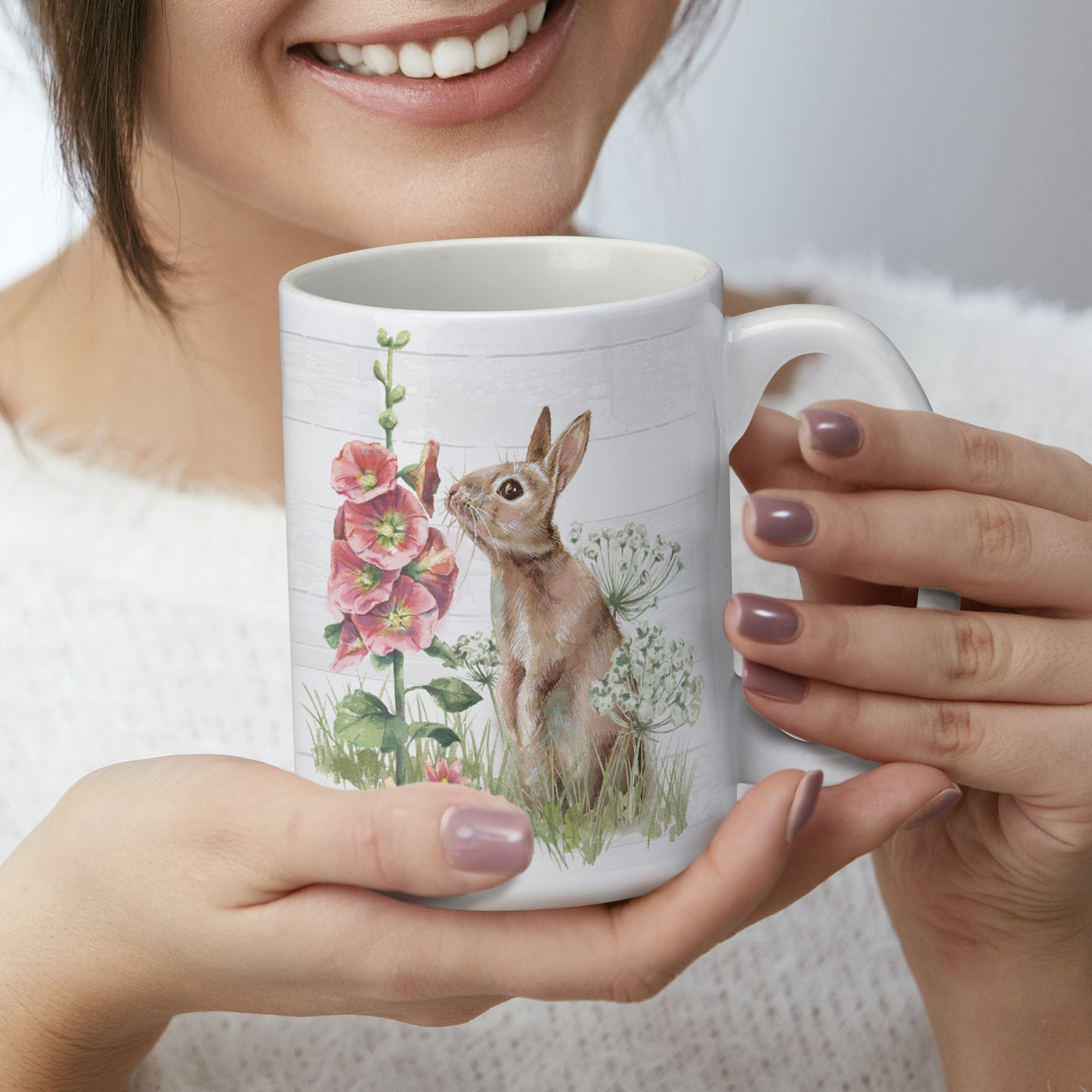 Highland Home Bunny Garden Large Decorative Ceramic Mug 15 oz. Manufactured in the USA