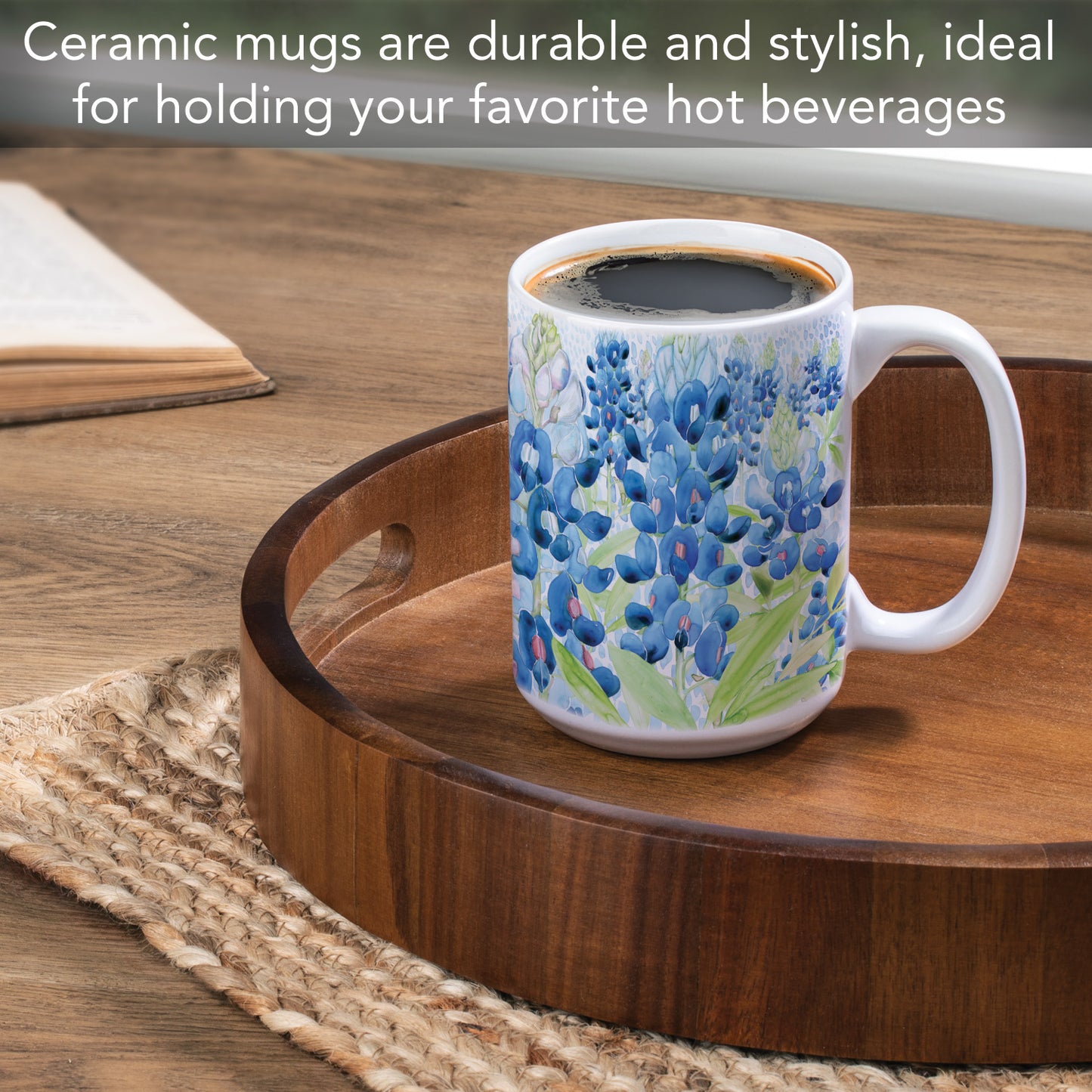 Highland Home Bluebonnets Large Decorative Ceramic Mug 15 oz. Manufactured in the USA