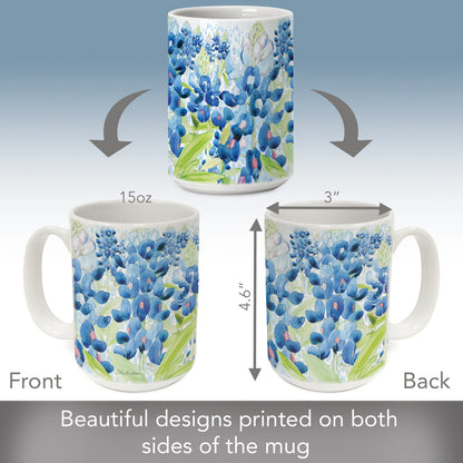 Highland Home Bluebonnets Large Decorative Ceramic Mug 15 oz. Manufactured in the USA