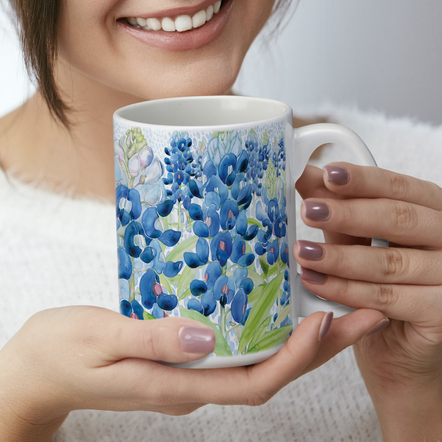 Highland Home Bluebonnets Large Decorative Ceramic Mug 15 oz. Manufactured in the USA