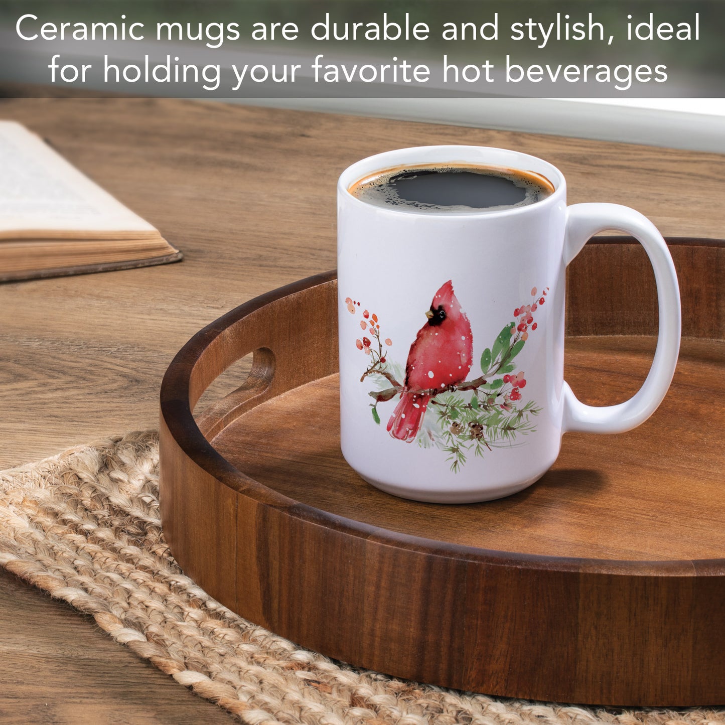 Highland Home Holiday Cardinals Large Decorative Ceramic Mug 15 oz. Manufactured in the USA