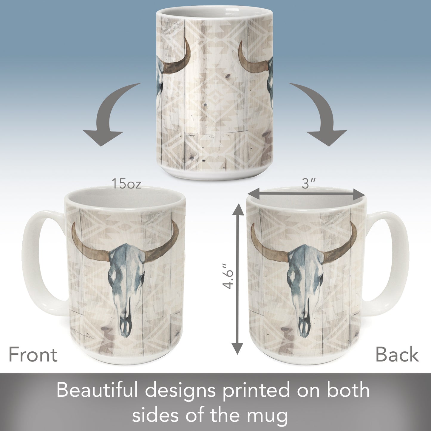 Highland Home Western Skull Large Decorative Ceramic Mug 15 oz. Manufactured in the USA