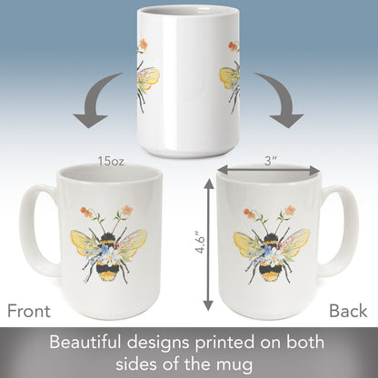 Highland Home Floral Bee Large Decorative Ceramic Mug 15 oz. Manufactured in the USA