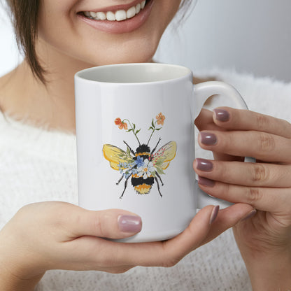 Highland Home Floral Bee Large Decorative Ceramic Mug 15 oz. Manufactured in the USA