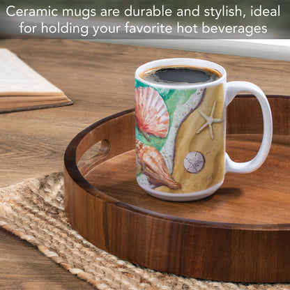 Highland Home Beach Shells Large Decorative Ceramic Mug 15 oz. Manufactured in the USA