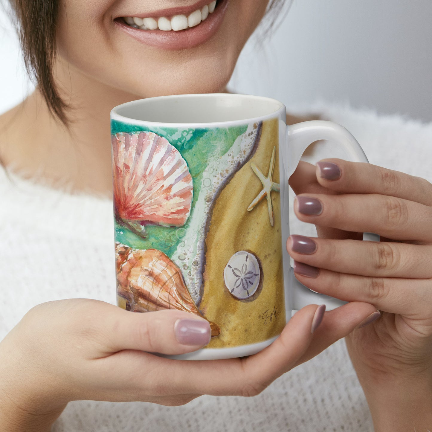 Highland Home Beach Shells Large Decorative Ceramic Mug 15 oz. Manufactured in the USA