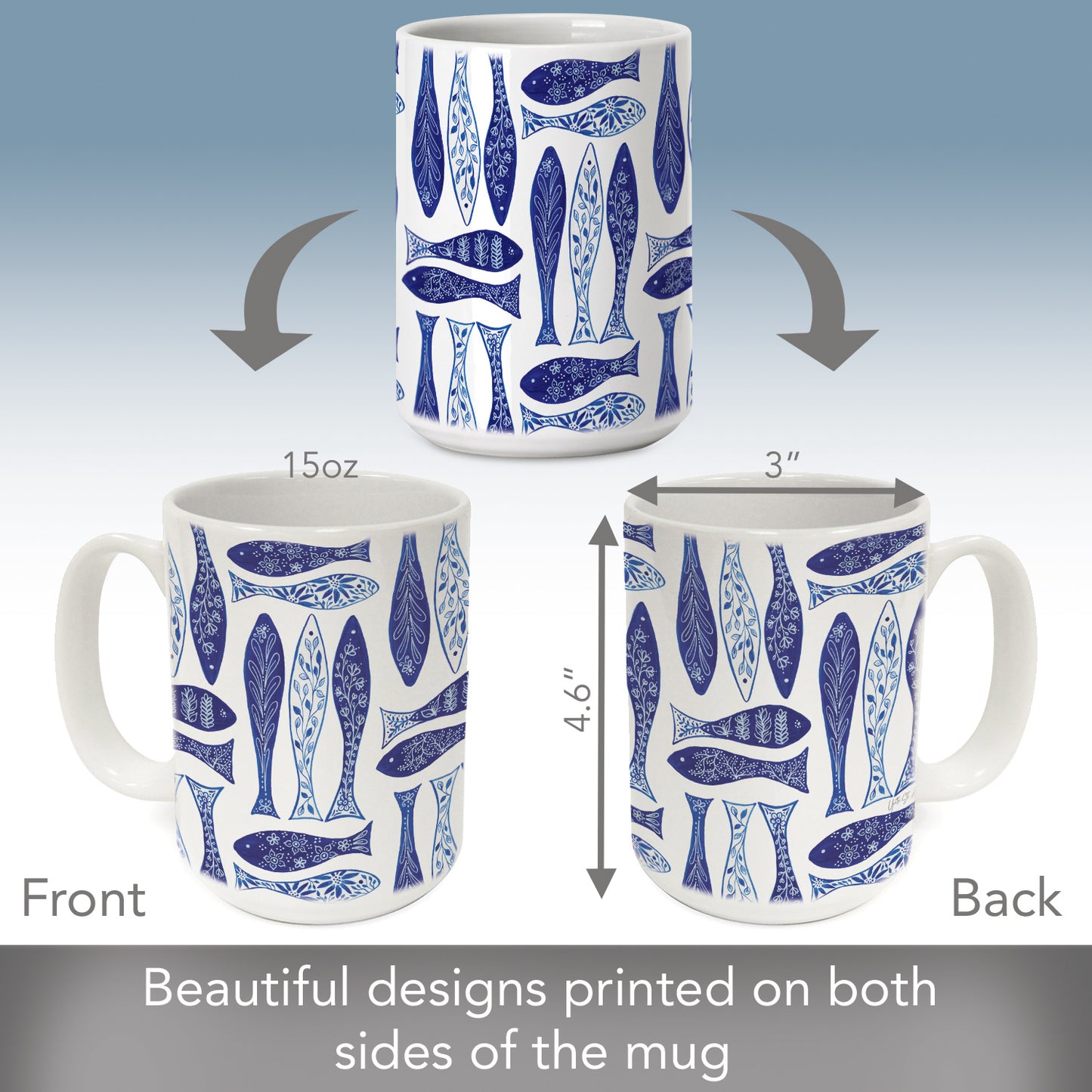 Highland Home Blue Fish 15 oz. Ceramic Mug Manufactured in the USA Dishwasher Safe Microwave Safe