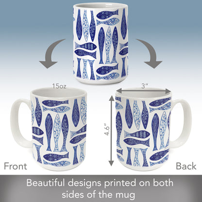 Highland Home Blue Fish 15 oz. Ceramic Mug Manufactured in the USA Dishwasher Safe Microwave Safe
